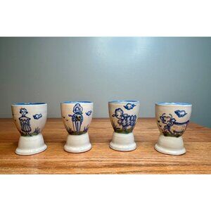 M A Hadley Pottery Double Egg Cups Set of 4: Farmer, Farmer's Wife, Sheep, Cow;